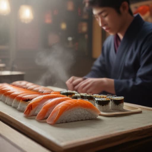 fais une image ou cest ecrit neuw pour un resto de sushi hyperrealistic, full body, detailed clothing, highly detailed, cinematic lighting, stunningly beautiful, intricate, sharp focus, f/1. 8, 85mm, (centered image composition), (professionally color graded), ((bright soft diffused light)), volumetric fog, trending on instagram, trending on tumblr, HDR 4K, 8K