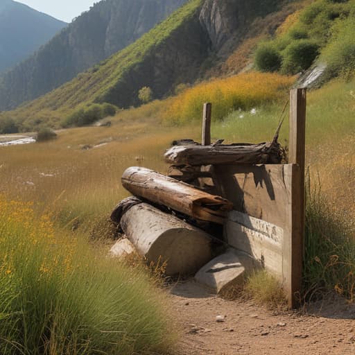 In a sun-drenched valley, a rugged landscape unfolds, where jagged mountains rise majestically, their peaks glistening with a dusting of gold under the afternoon sun. Below, a winding river snakes through the terrain, its waters shimmering like liquid gold, reflecting the vibrant hues of the surrounding autumn foliage. Scattered throughout the valley are the remnants of old mining operations—rusted equipment and weathered wooden structures, now reclaimed by nature, their stories whispered by the gentle breeze. In the foreground, a cluster of sturdy, green-leafed shrubs, resilient against the rocky soil, stands in contrast to the golden grasses swaying softly in the wind. Nearby, a solitary boulder, pockmarked and ancient, hints at the e