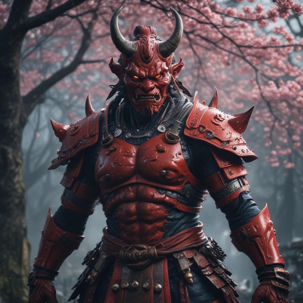 ((masterpiece)),(((best quality))), 8k, high detailed, ultra detailed, (a fierce oni), ((red skin)), glaring, (traditional japanese armor), surrounded by (swirling mist), (full moon in the background), ominous shadows, (cherry blossom trees), night lighting hyperrealistic, full body, detailed clothing, highly detailed, cinematic lighting, stunningly beautiful, intricate, sharp focus, f/1. 8, 85mm, (centered image composition), (professionally color graded), ((bright soft diffused light)), volumetric fog, trending on instagram, trending on tumblr, HDR 4K, 8K