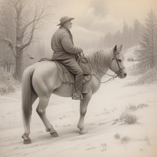 Pencil sketch of an winter landscape with an old man on his appaloosa horse