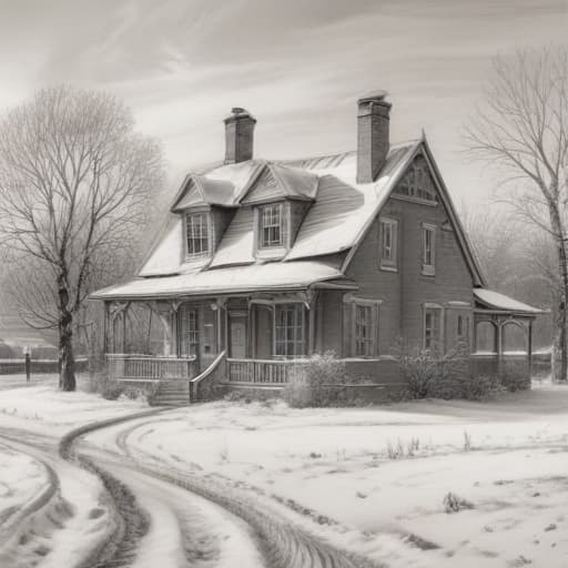 Pencil sketch of an old house in 1896 in the middle of winter