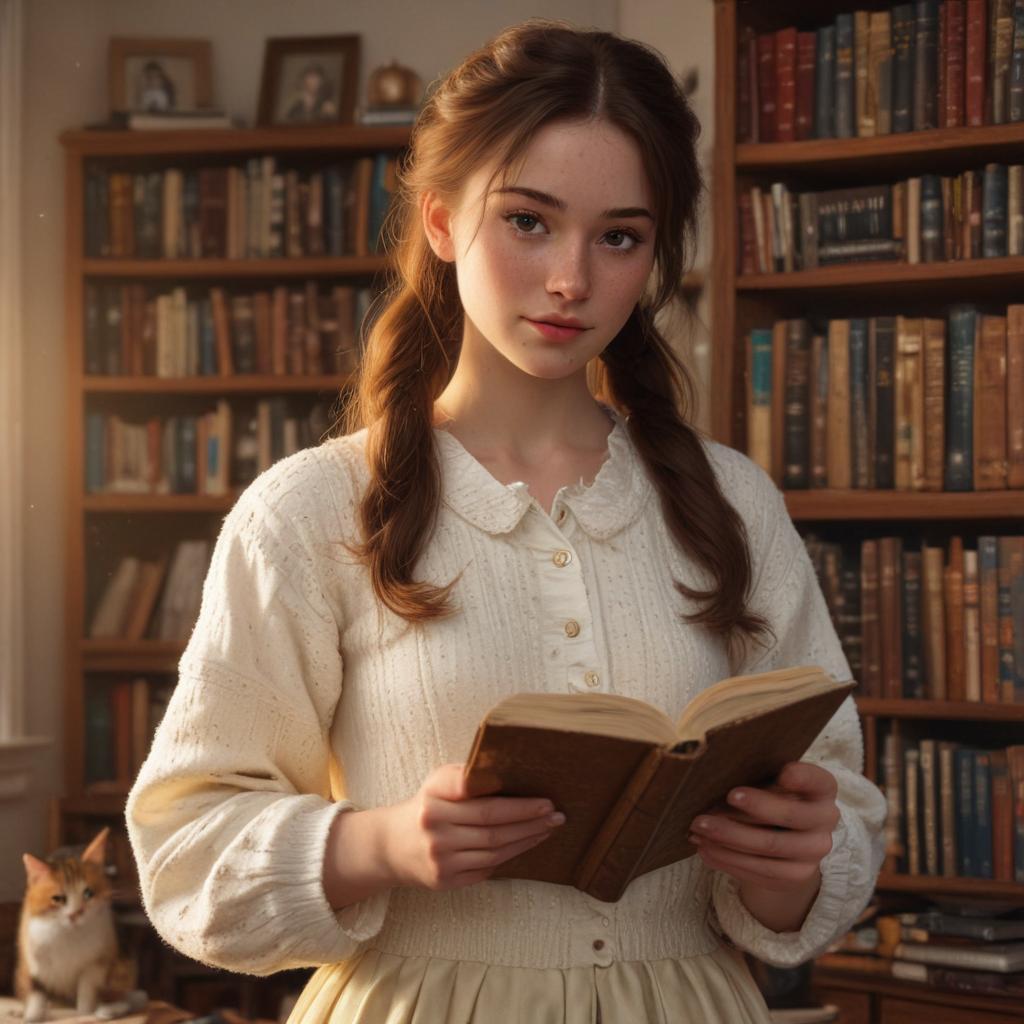 ((masterpiece)),(((best quality))), 8k, high detailed, ultra detailed, a girl with white skin, ((freckles on her cheeks)), holding a book, (a cozy room filled with bookshelves), (warm golden light), (a cat sitting beside her), (an inviting and serene atmosphere) hyperrealistic, full body, detailed clothing, highly detailed, cinematic lighting, stunningly beautiful, intricate, sharp focus, f/1. 8, 85mm, (centered image composition), (professionally color graded), ((bright soft diffused light)), volumetric fog, trending on instagram, trending on tumblr, HDR 4K, 8K