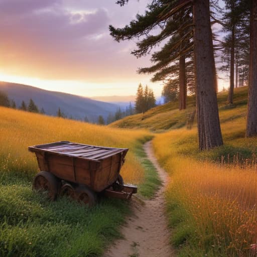 A sun-drenched hillside glimmers with the rich hues of gold, where rugged, weathered rocks peek through patches of emerald grass, hinting at the wealth hidden beneath the earth’s surface. In the foreground, a sturdy wooden cart, its wheels caked with dirt, stands laden with gleaming gold nuggets that catch the light like stars scattered on a velvet canvas. Nearby, a winding trail leads to a distant ridge, where the silhouettes of towering pines frame the horizon against a sky washed in shades of orange and purple, signaling the day's end. Small, intricately designed mining tools rest against a boulder, their surfaces worn but polished, reflecting a legacy of craftsmanship and resilience. The air is filled with a palpable sense of promise,