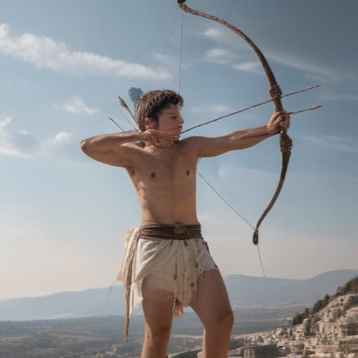 A young age slender male with wings wearing only an diaper shooting a bow and arrow against the backdrop of a clear sky afternoon in ancient Greece