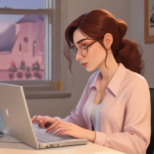 Woman typing on computer, aesthetic, cartoon