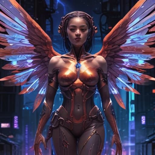 Imagine a futuristic cybernetic angel descending from the heavens, surrounded by swirling dark energy. Its metallic wings shimmer with a dark iridescence and its glowing eyes emanate a healing energy. The angel extends a hand, ready to heal and protect those in need. The background is a digital landscape of neon lights and hovering holographic symbols. The overall aesthetic is sleek, modern, and mysterious, reminiscent of Akina Fujiwara's style. fantastical creatures or characters inspired by mythology, folklore, or popular culture. use vibrant colors, sharp lines, intricate details, dynamic poses, dramatic lighting, atmospheric backgrounds, and blend anime, manga, and Western comic influences.