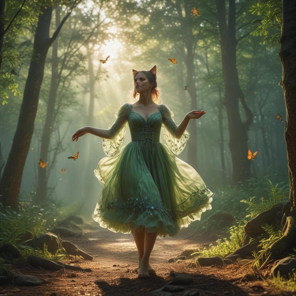 ((masterpiece)),(((best quality))), 8k, high detailed, ultra detailed, a cat eared girl dancing in a forest, ((playful expression)), wearing a flowing dress, (sunlight filtering through the trees), vibrant green foliage, (fluttering butterflies), magical atmosphere hyperrealistic, full body, detailed clothing, highly detailed, cinematic lighting, stunningly beautiful, intricate, sharp focus, f/1. 8, 85mm, (centered image composition), (professionally color graded), ((bright soft diffused light)), volumetric fog, trending on instagram, trending on tumblr, HDR 4K, 8K