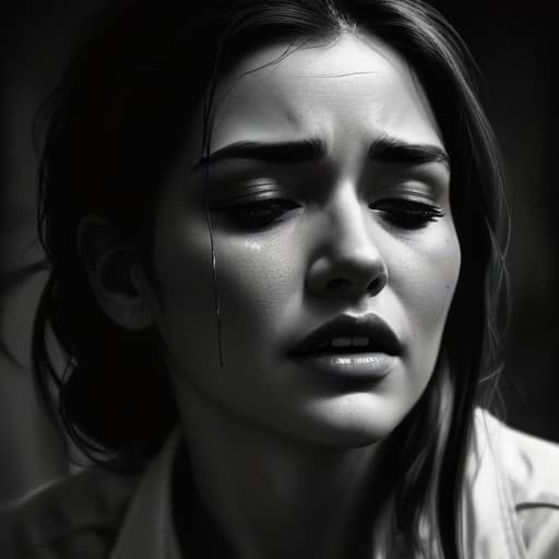 Create a pic of a woman crying , noir, black and white, 30's, concept art, digital painting, artstation, big strokes, ultra detailed, high quality