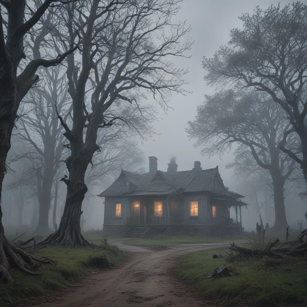 ((masterpiece)),(((best quality))), 8k, high detailed, ultra detailed, (a haunting spirit), outside a decrepit house, (foreboding gray skies), mysterious vibe, (moonlight casting shadows), twisted trees, ghostly fog, desolate landscape hyperrealistic, full body, detailed clothing, highly detailed, cinematic lighting, stunningly beautiful, intricate, sharp focus, f/1. 8, 85mm, (centered image composition), (professionally color graded), ((bright soft diffused light)), volumetric fog, trending on instagram, trending on tumblr, HDR 4K, 8K