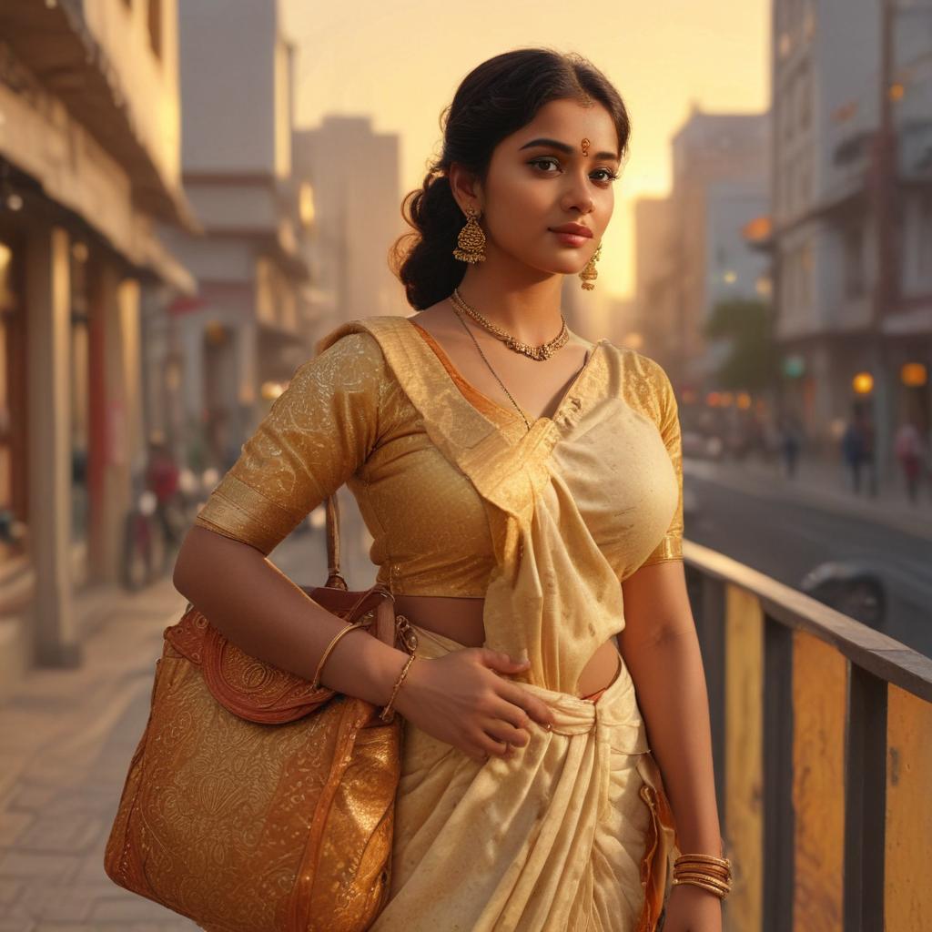 ((masterpiece)),(((best quality))), 8k, high detailed, ultra detailed, a south indian telugu woman exuding beauty and confidence, ((curvy figure)), (bright eyes), dressed in a modern outfit, (stylish handbag), standing in front of a bustling cityscape, golden hour lighting casting a warm glow hyperrealistic, full body, detailed clothing, highly detailed, cinematic lighting, stunningly beautiful, intricate, sharp focus, f/1. 8, 85mm, (centered image composition), (professionally color graded), ((bright soft diffused light)), volumetric fog, trending on instagram, trending on tumblr, HDR 4K, 8K