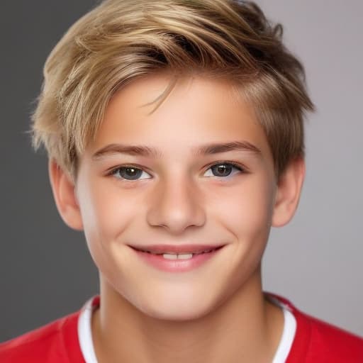 Create an image of a Blond 14 year old boy with darkish brown eyes with a Lithuanian nose not blushing but smiling