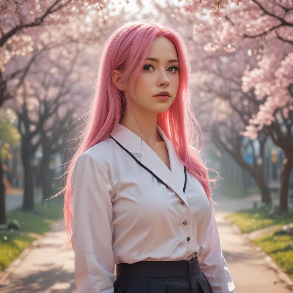 ((masterpiece)),(((best quality))), 8k, high detailed, ultra detailed, a beautiful anime girl, ((long flowing pink hair)), wearing a stylish school uniform, (cherry blossom trees in the background), (soft sunlight filtering through the trees), vibrant colors, a gentle breeze blowing her hair hyperrealistic, full body, detailed clothing, highly detailed, cinematic lighting, stunningly beautiful, intricate, sharp focus, f/1. 8, 85mm, (centered image composition), (professionally color graded), ((bright soft diffused light)), volumetric fog, trending on instagram, trending on tumblr, HDR 4K, 8K