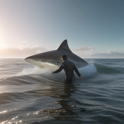 A sailor in a striped suit rides a shark on the sea, the sun is shining and big waves in the background, a realistic photo in the style of unreal engine 5 hyperrealistic, full body, detailed clothing, highly detailed, cinematic lighting, stunningly beautiful, intricate, sharp focus, f/1. 8, 85mm, (centered image composition), (professionally color graded), ((bright soft diffused light)), volumetric fog, trending on instagram, trending on tumblr, HDR 4K, 8K