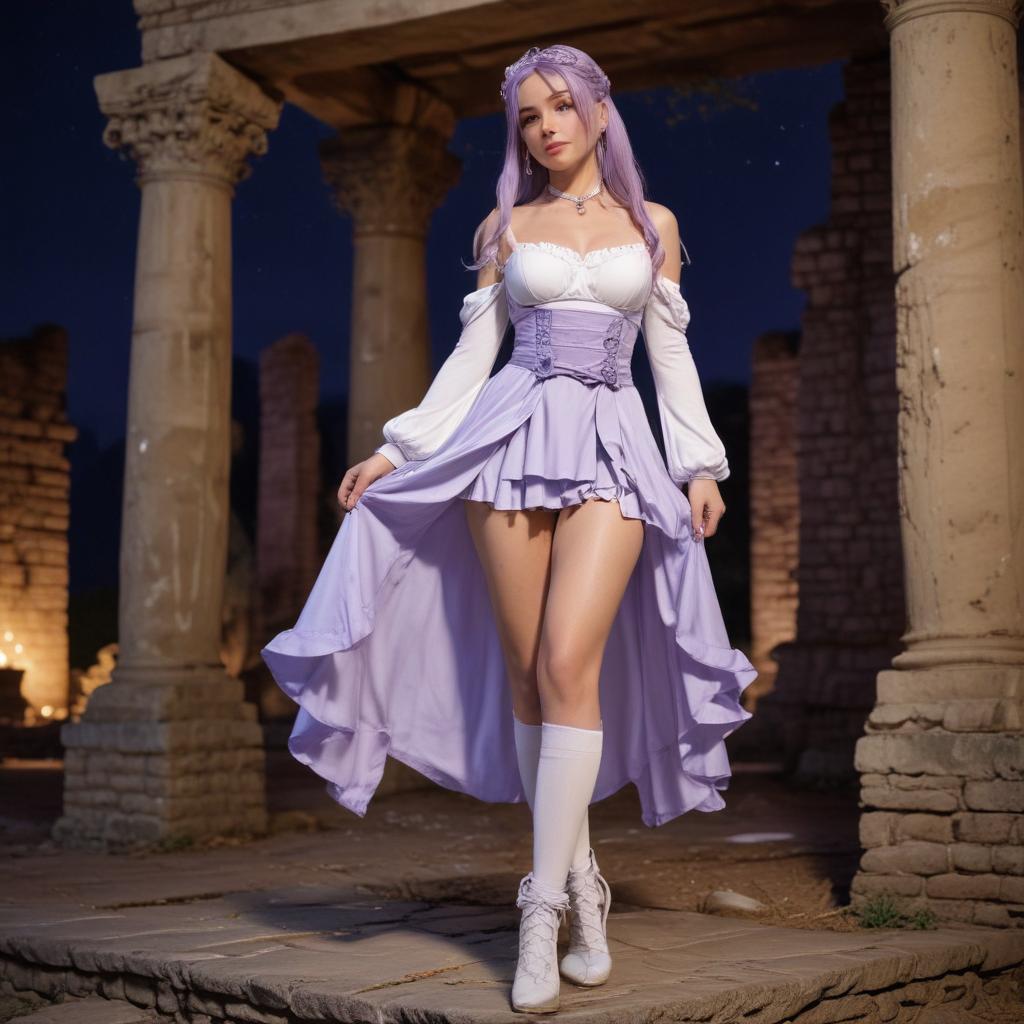 A highly detailed anime character, tall mature young princess with extremely long lavender hair styled in a layered waterfall hair style and tied with a white long ribbon, with high cheekbones and a detailed elegant and stunning face, emphasizing her giant breasts and long legs, wearing a circlet that is silver with a single lavender gem in it. and blue eyes, wearing a white tunic with lavender accents covered by a lavender sash, with White thigh-high socks and white ankle boots with a feminine heel, standing in a dark evil square in ancient ruins smiling, fighting pose, Full body long shot picture at night