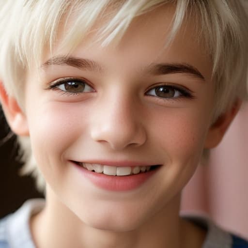 Create an image of a Blondish white haired 13 year old boy with darkish brown eyes with a Lithuanian nose not blushing but smiling