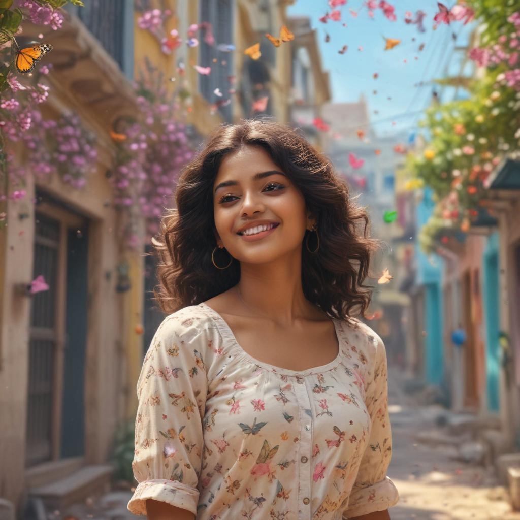 ((masterpiece)),(((best quality))), 8k, high detailed, ultra detailed, a young successful south indian telugu woman radiating positivity, ((lively expression)), (wavy hair), wearing trendy casual attire, (urban background), surrounded by butterflies, soft pastel colors enhancing the cheerful atmosphere hyperrealistic, full body, detailed clothing, highly detailed, cinematic lighting, stunningly beautiful, intricate, sharp focus, f/1. 8, 85mm, (centered image composition), (professionally color graded), ((bright soft diffused light)), volumetric fog, trending on instagram, trending on tumblr, HDR 4K, 8K