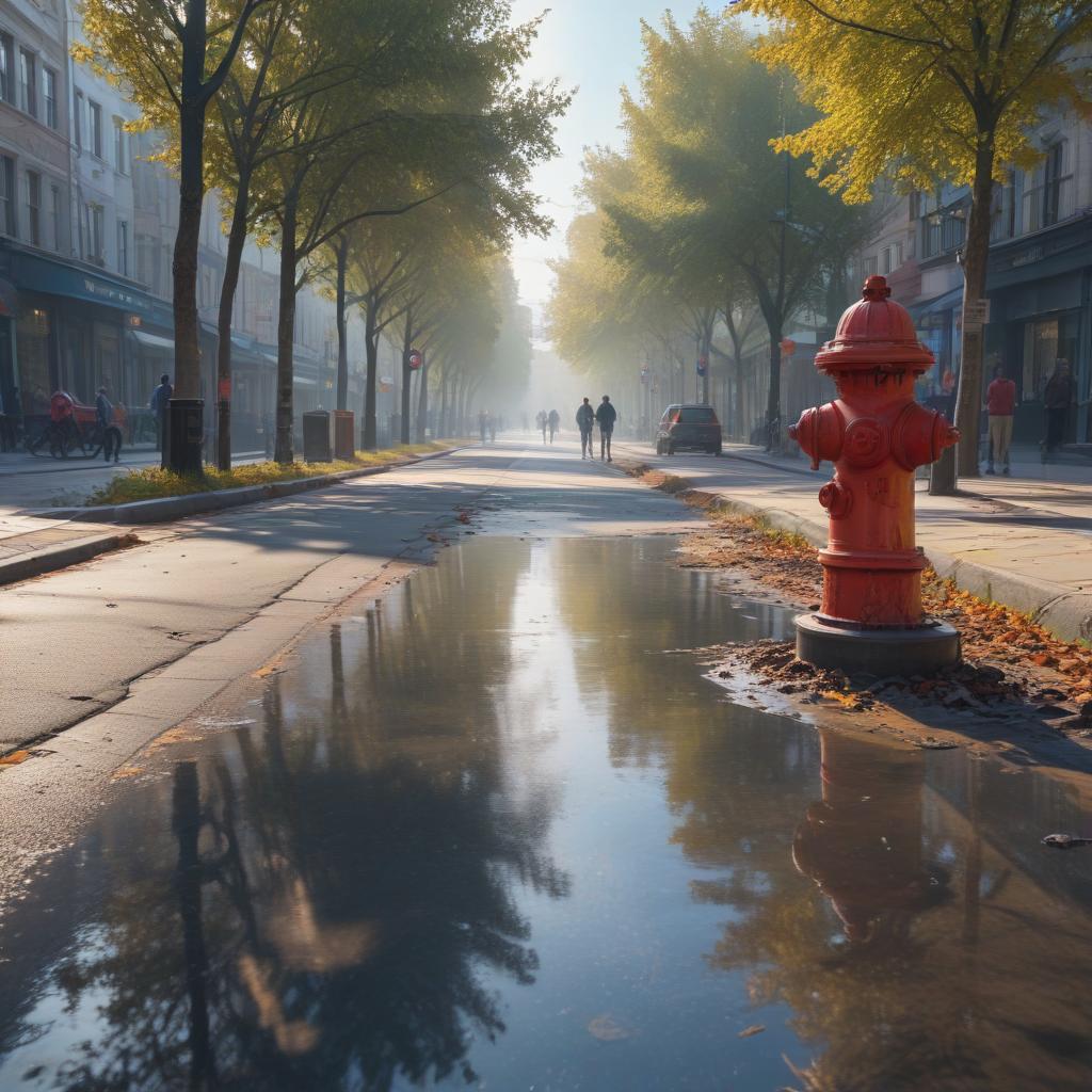 ((masterpiece)),(((best quality))), 8k, high detailed, ultra detailed, (fire hydrant cleaning schedule example), a busy street, (colorful posters on walls), (bright sunlight), a person in uniform cleaning, (people walking by), trees lining the sidewalk, blue sky hyperrealistic, full body, detailed clothing, highly detailed, cinematic lighting, stunningly beautiful, intricate, sharp focus, f/1. 8, 85mm, (centered image composition), (professionally color graded), ((bright soft diffused light)), volumetric fog, trending on instagram, trending on tumblr, HDR 4K, 8K