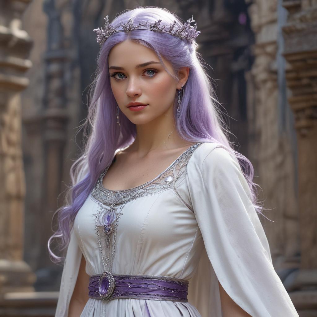 A highly detailed and mature young princess standing tall in the center of an ancient, dark square within the ruins of a once-magnificent civilization. Her long, lavender colored hair cascades in a layered waterfall style, tied back with a pristine white ribbon that accentuates the elegance of her highly detailed face, which boasts high cheekbones and a shy smile. Her detailed piercing blue eyes sparkle with the confidence of a warrior, despite her delicate and feminine demeanor. A silver circlet adorned with a solitary lavender gem graces her forehead, hinting at her royal lineage. The princess is dressed in a form-fitting white tunic with lavender accents, which complements her ample figure, particularly emphasizing her enormous breasts. 