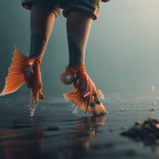 fish with legs walking hyperrealistic, full body, detailed clothing, highly detailed, cinematic lighting, stunningly beautiful, intricate, sharp focus, f/1. 8, 85mm, (centered image composition), (professionally color graded), ((bright soft diffused light)), volumetric fog, trending on instagram, trending on tumblr, HDR 4K, 8K