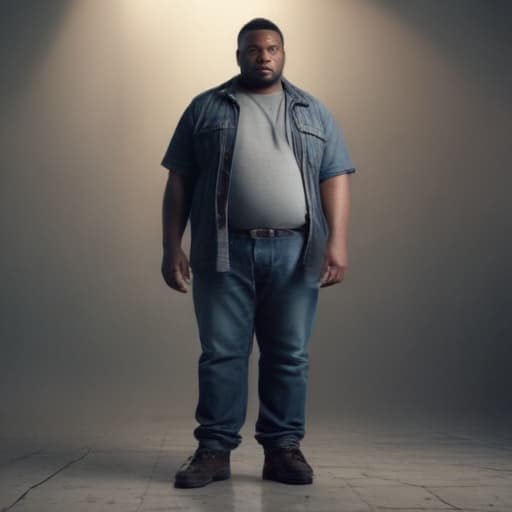 overweight black man hyperrealistic, full body, detailed clothing, highly detailed, cinematic lighting, stunningly beautiful, intricate, sharp focus, f/1. 8, 85mm, (centered image composition), (professionally color graded), ((bright soft diffused light)), volumetric fog, trending on instagram, trending on tumblr, HDR 4K, 8K