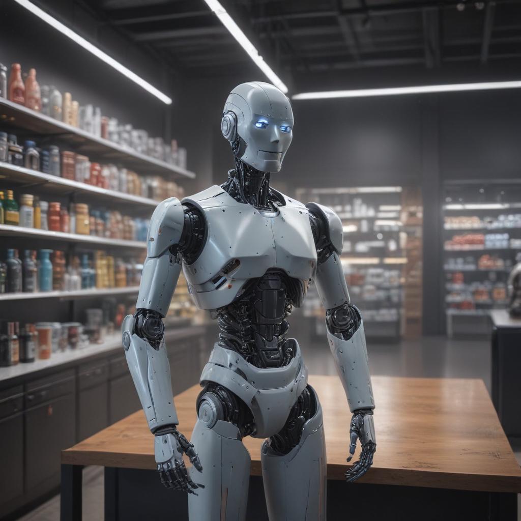 ((masterpiece)),(((best quality))), 8k, high detailed, ultra detailed. a robot assisting customers in a store, (robot standing behind the counter), simple line art style, (customer asking a question), display shelves in the background, (bright overhead lights), clean and modern design. hyperrealistic, full body, detailed clothing, highly detailed, cinematic lighting, stunningly beautiful, intricate, sharp focus, f/1. 8, 85mm, (centered image composition), (professionally color graded), ((bright soft diffused light)), volumetric fog, trending on instagram, trending on tumblr, HDR 4K, 8K