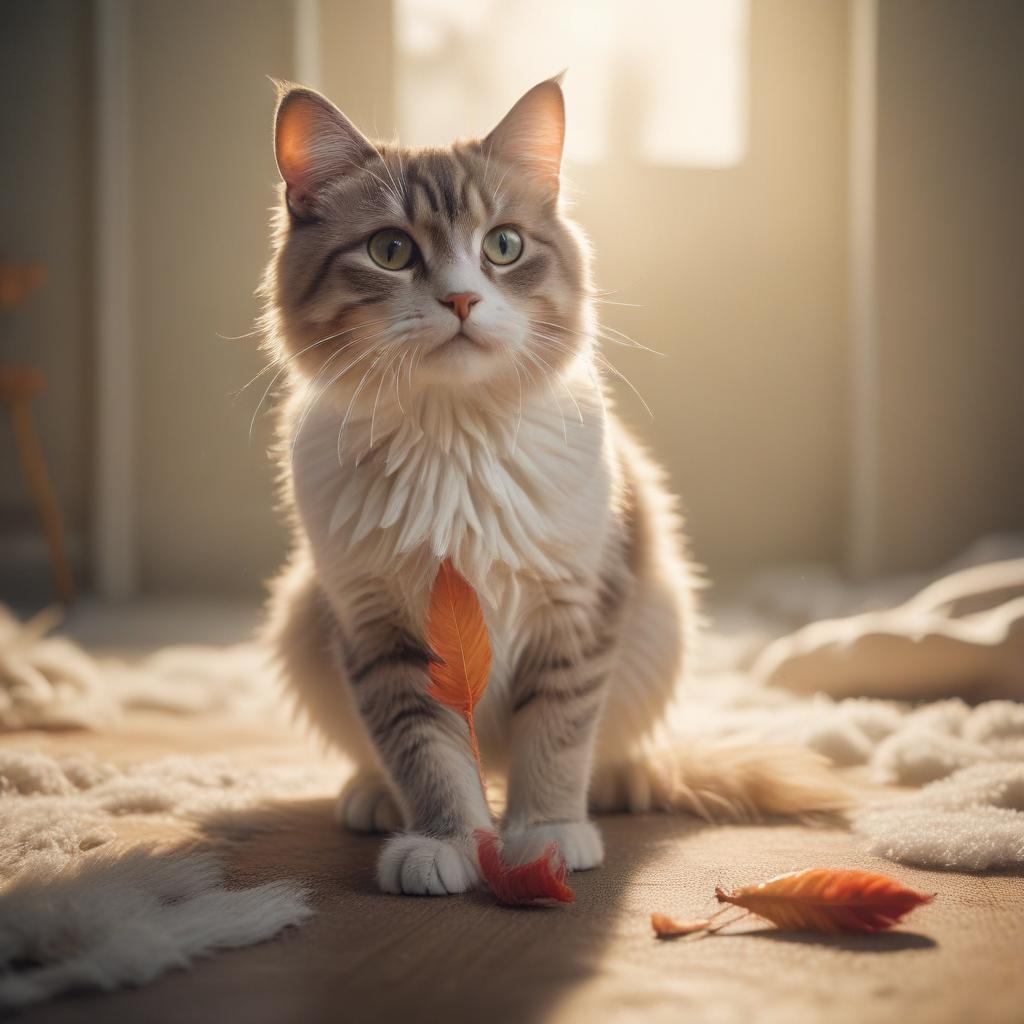 ((masterpiece)),(((best quality))), 8k, high detailed, ultra detailed, a cute cat playing with a feather toy, ((fluffy fur)), expression, (colorful toy stick), (sunlight streaming in), vint colors, soft shadows hyperrealistic, full body, detailed clothing, highly detailed, cinematic lighting, stunningly beautiful, intricate, sharp focus, f/1. 8, 85mm, (centered image composition), (professionally color graded), ((bright soft diffused light)), volumetric fog, trending on instagram, trending on tumblr, HDR 4K, 8K