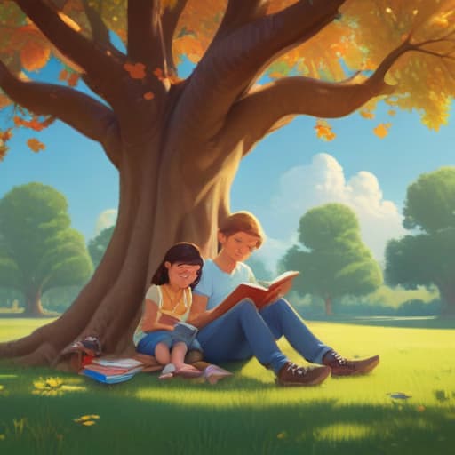 illustration, (Parents and 3 kids reading books under a tree), Disney animation style, 2D