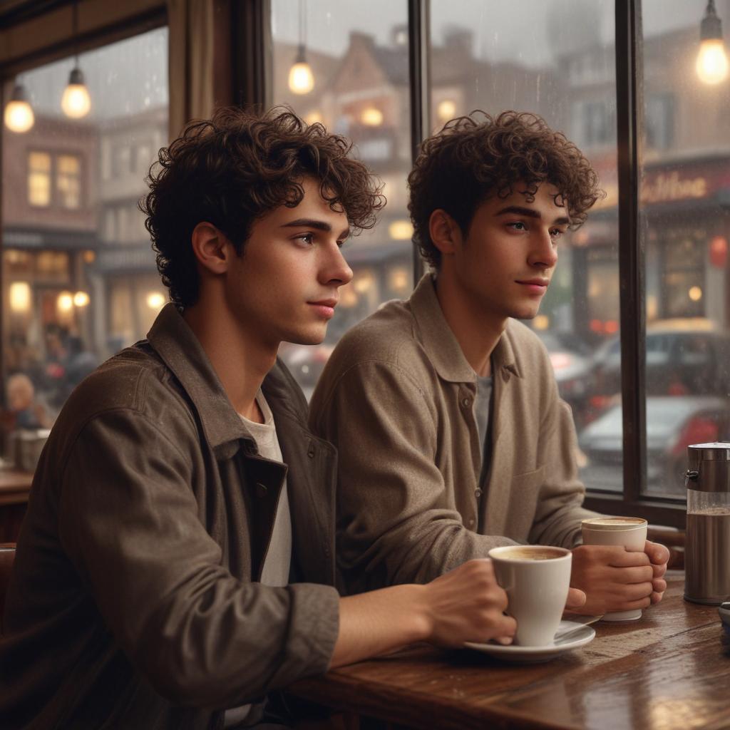 ((masterpiece)),(((best quality))), 8k, high detailed, ultra detailed, a young man at a coffee shop, ((short curly hair)), gazing out the window, (steam rising from a coffee cup), cozy interior with warm lighting, (vintage posters on the walls), rain softly tapping on the glass hyperrealistic, full body, detailed clothing, highly detailed, cinematic lighting, stunningly beautiful, intricate, sharp focus, f/1. 8, 85mm, (centered image composition), (professionally color graded), ((bright soft diffused light)), volumetric fog, trending on instagram, trending on tumblr, HDR 4K, 8K