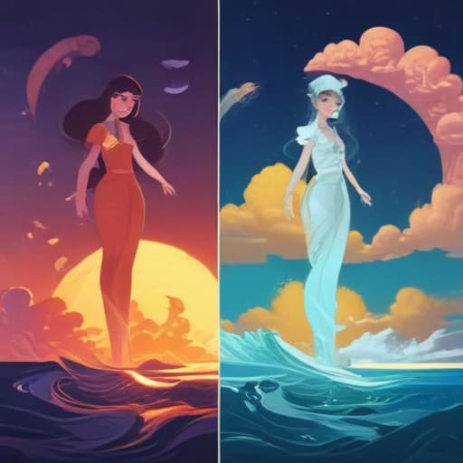 illustration, (The four elements in the trinity of phases), Disney animation style, 2D