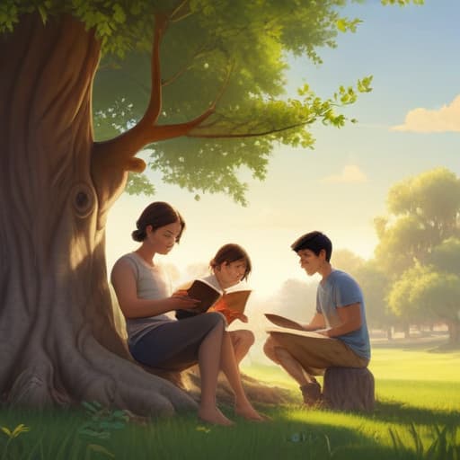 illustration, (Parents and 3 kids reading books under a tree), Disney animation style, 2D