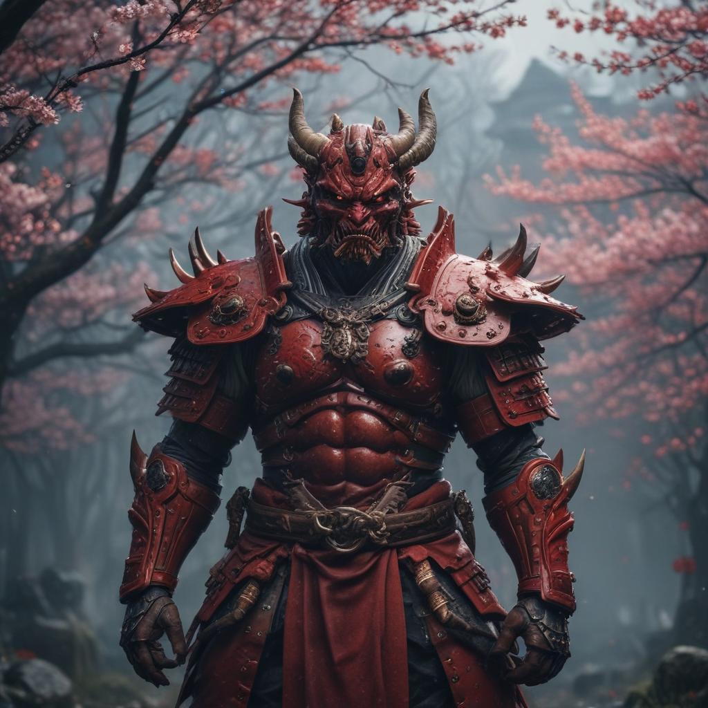 ((masterpiece)),(((best quality))), 8k, high detailed, ultra detailed, (a fierce oni), ((red skin)), glaring, (traditional japanese armor), surrounded by (swirling mist), (full moon in the background), ominous shadows, (cherry blossom trees), night lighting hyperrealistic, full body, detailed clothing, highly detailed, cinematic lighting, stunningly beautiful, intricate, sharp focus, f/1. 8, 85mm, (centered image composition), (professionally color graded), ((bright soft diffused light)), volumetric fog, trending on instagram, trending on tumblr, HDR 4K, 8K