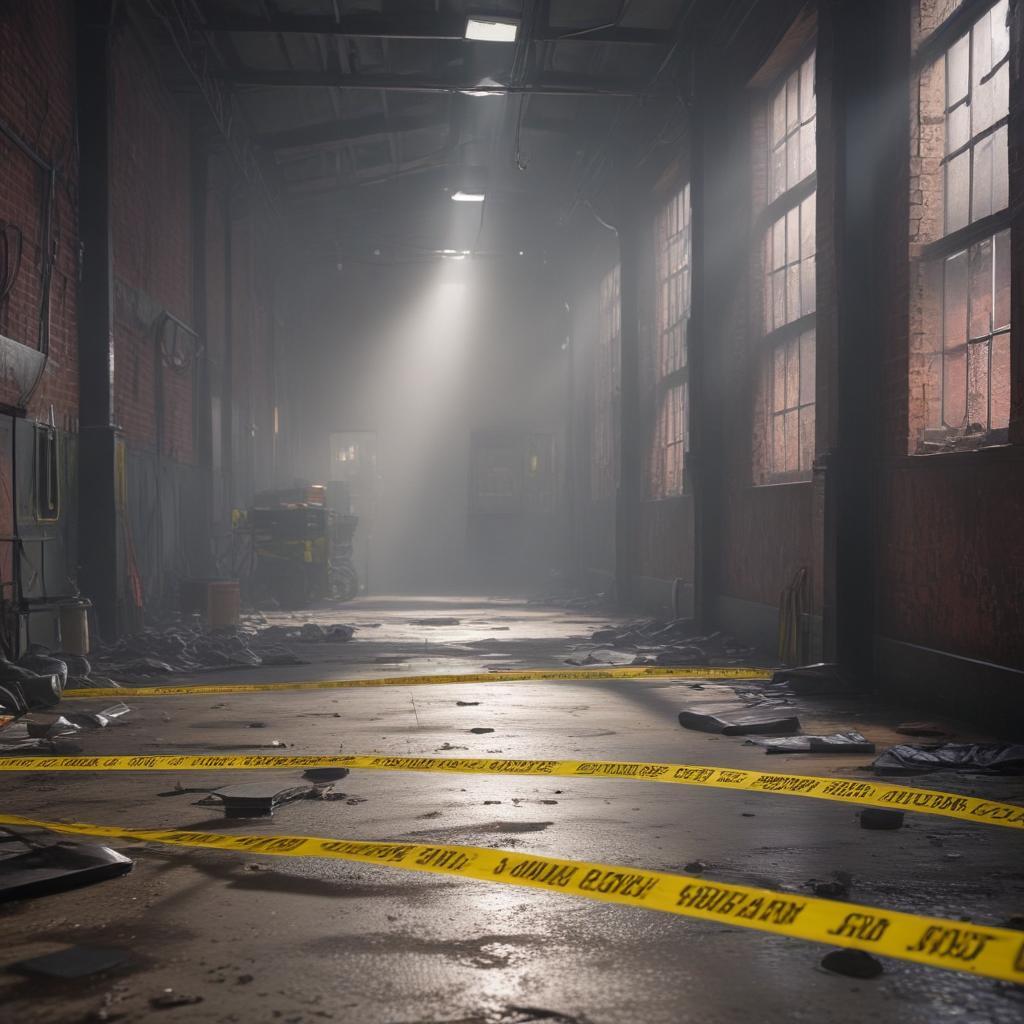 ((masterpiece)),(((best quality))), 8k, high detailed, ultra detailed, a crime scene in a deserted warehouse, (police tape blocking the area), scattered evidence markers, (dim overhead lights casting long shadows), dust particles floating in the air, a sense of tension and foreboding hyperrealistic, full body, detailed clothing, highly detailed, cinematic lighting, stunningly beautiful, intricate, sharp focus, f/1. 8, 85mm, (centered image composition), (professionally color graded), ((bright soft diffused light)), volumetric fog, trending on instagram, trending on tumblr, HDR 4K, 8K