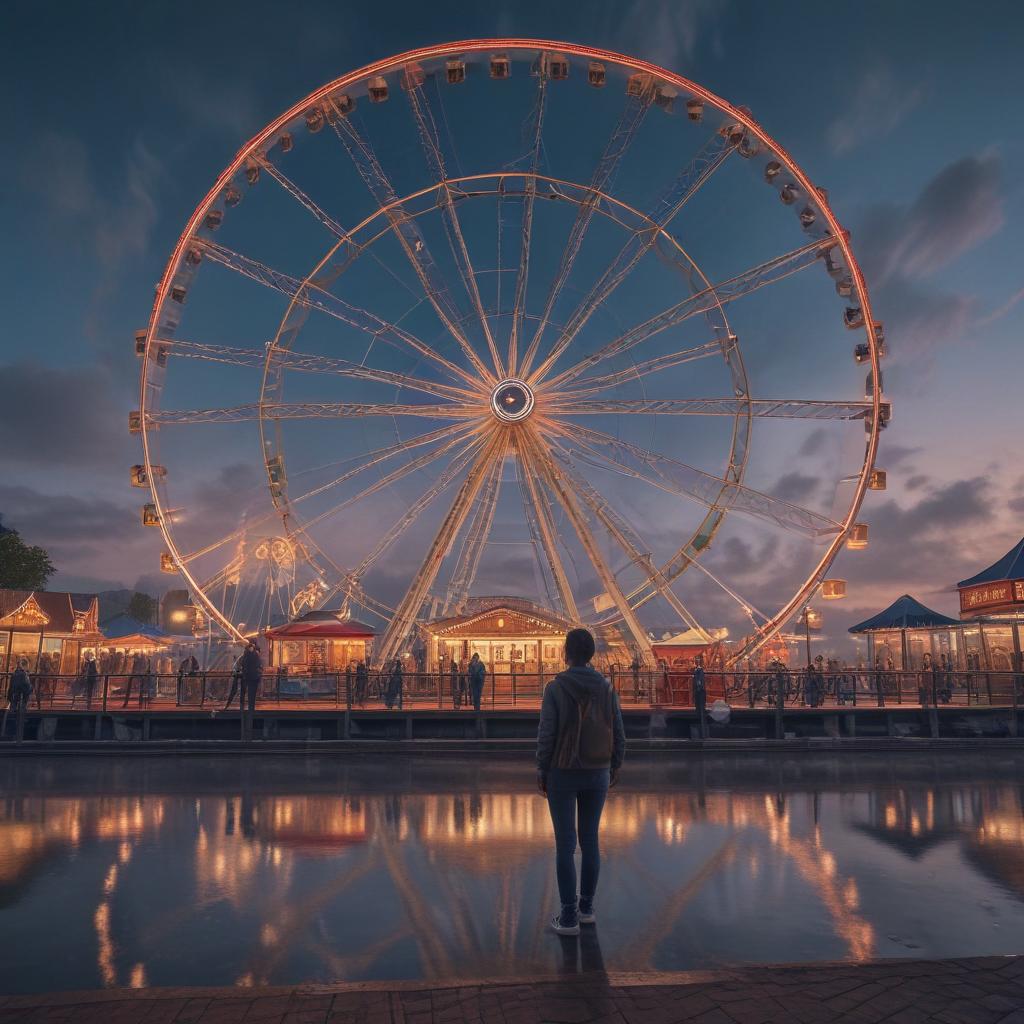 ((masterpiece)),(((best quality))), 8k, high detailed, ultra detailed, (tempozan ferris wheel), surrounded by a vibrant amusement park, (colorful lights reflecting on water), people enjoying the view, (blue sky with fluffy clouds), (sunset casting warm hues), soft golden lighting hyperrealistic, full body, detailed clothing, highly detailed, cinematic lighting, stunningly beautiful, intricate, sharp focus, f/1. 8, 85mm, (centered image composition), (professionally color graded), ((bright soft diffused light)), volumetric fog, trending on instagram, trending on tumblr, HDR 4K, 8K