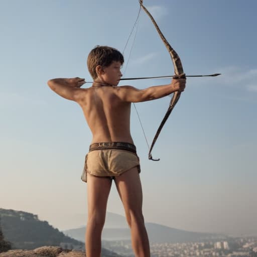 A young age slender male with wings wearing only an diaper shooting a bow and arrow against the backdrop of a clear sky afternoon in ancient Greece