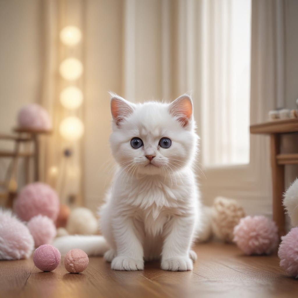 ((masterpiece)),(((best quality))), 8k, high detailed, ultra detailed, a small adorable kitten batting at a cat wand, ((white fur)), curious eyes, (room filled with cat toys), (warm afternoon light), pastel colors, cozy atmosphere hyperrealistic, full body, detailed clothing, highly detailed, cinematic lighting, stunningly beautiful, intricate, sharp focus, f/1. 8, 85mm, (centered image composition), (professionally color graded), ((bright soft diffused light)), volumetric fog, trending on instagram, trending on tumblr, HDR 4K, 8K