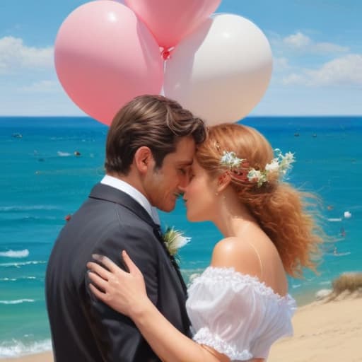 Dessine-moi le mariage d’un homme et d’une femme de 50 ans, avec plein de ballons et de fleurs avec un paysage de bord de mer