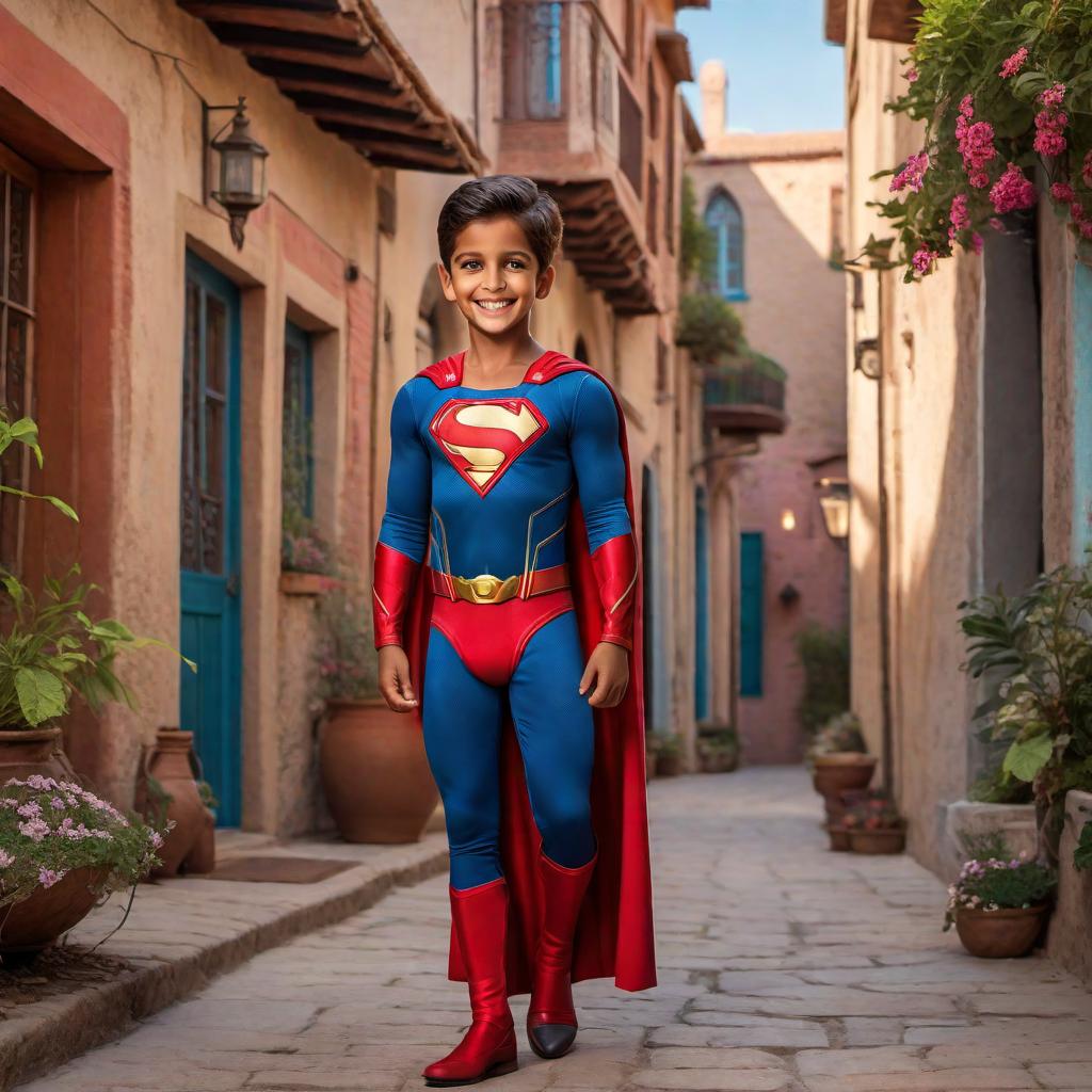  A 4-year-old boy named Dilhan with a big smile, standing next to his dad, Mahmut. Mahmut is depicted as a superhero with no cape, wearing everyday clothes but radiating an aura of strength and kindness. The background is simple and colorful. Done in the style of a superhero comic. hyperrealistic, full body, detailed clothing, highly detailed, cinematic lighting, stunningly beautiful, intricate, sharp focus, f/1. 8, 85mm, (centered image composition), (professionally color graded), ((bright soft diffused light)), volumetric fog, trending on instagram, trending on tumblr, HDR 4K, 8K