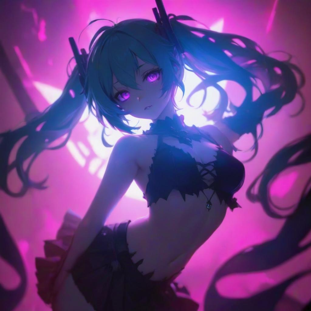  a with gles standing in front of a purple light, hatsune miku, the right hand is clearly visible in the image and points at the viewer, very devil outfit, ( ( ilration, shadows of zombies, 5 d, malevolent eny, best on wlop, by Aleksandr Ivanovich Laktionov, live2d, 🎀 🧟 🍓 🧚, h 1 0 2 4, 1024x1024 hyperrealistic, full body, detailed clothing, highly detailed, cinematic lighting, stunningly beautiful, intricate, sharp focus, f/1. 8, 85mm, (centered image composition), (professionally color graded), ((bright soft diffused light)), volumetric fog, trending on instagram, trending on tumblr, HDR 4K, 8K