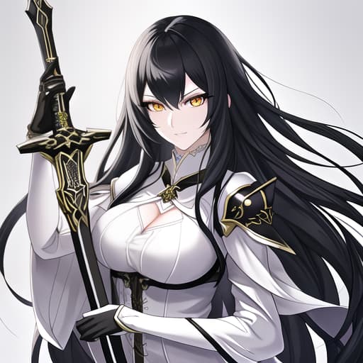  a girl manhua character with black and white hair with amber eyes with white skin wearing knite dress and carrying a sword hyperrealistic, full body, detailed clothing, highly detailed, cinematic lighting, stunningly beautiful, intricate, sharp focus, f/1. 8, 85mm, (centered image composition), (professionally color graded), ((bright soft diffused light)), volumetric fog, trending on instagram, trending on tumblr, HDR 4K, 8K