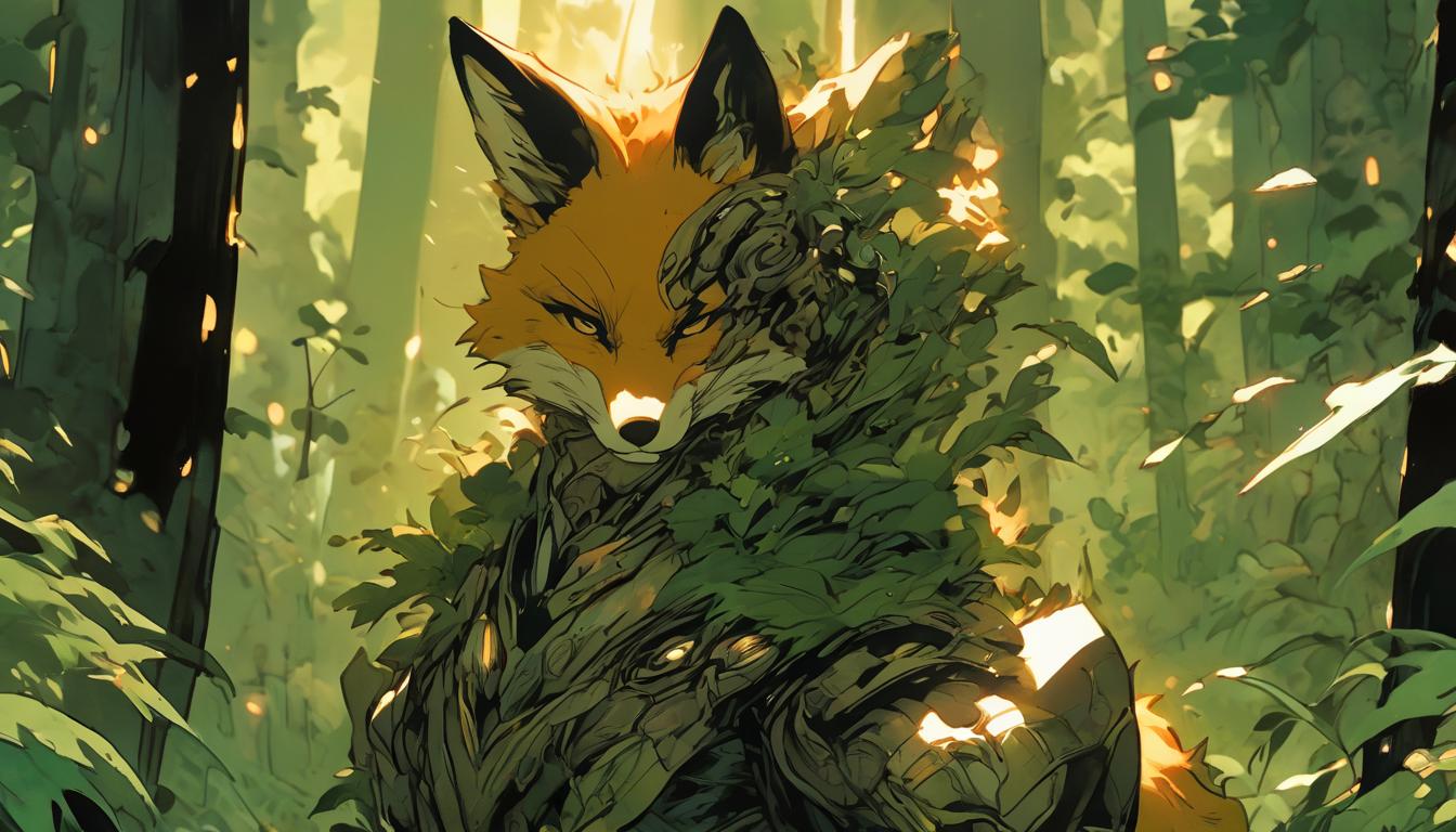  hyperrealism,fantasy aestheticA fox navigating through a dense forest, sharp eyes, calculated steps, strategic movements, seeing through the obscurity, elusive and clever, high tech clothing clad in sleek, futuristic costume with metallic accents and form fitting designs, marvel superhero comics style, unreal engine rendering