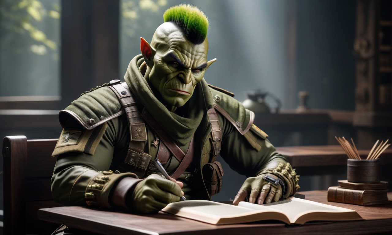  a slender orc with a mohawk, in a soldier's camouflage uniform, sitting at a table and reading a book, a bandana on his face hyperrealistic, full body, detailed clothing, highly detailed, cinematic lighting, stunningly beautiful, intricate, sharp focus, f/1. 8, 85mm, (centered image composition), (professionally color graded), ((bright soft diffused light)), volumetric fog, trending on instagram, trending on tumblr, HDR 4K, 8K