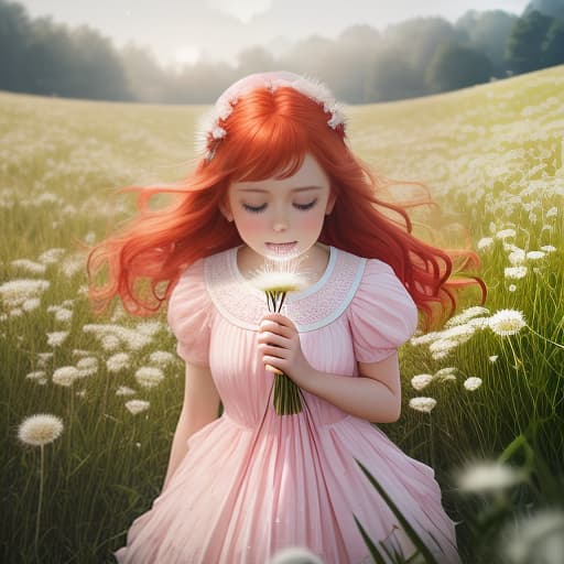  Cheerful Little Girl with Red Hair in a Pink Dress with Bright White Dots Holds a Fluffy Dandelion and Tries to Blow on the Dandelion, Meadow of White Dandelions. hyperrealistic, full body, detailed clothing, highly detailed, cinematic lighting, stunningly beautiful, intricate, sharp focus, f/1. 8, 85mm, (centered image composition), (professionally color graded), ((bright soft diffused light)), volumetric fog, trending on instagram, trending on tumblr, HDR 4K, 8K