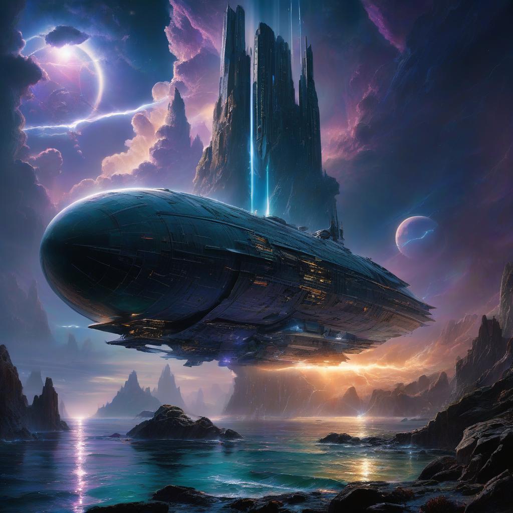  hyperrealistic art ((Style of a John Berkey)), ((sci fi style)) A spaceship, of an alien design, of a strange shape, is hanging in the air. The planet is covered with huge oceans sparkling under the light of two suns, creating the impression of an endless mirror reflecting celestial bodies. The shores of these oceans are framed by bizarre rocks that resemble ancient castles created by nature itself. These rocks are painted in all shades of blue, green and purple, creating a unique palette of colors. Amazing atmospheric phenomena can be observed above the surface of the planet, such as multi colored lightning, which create incredible light shows in the night sky. . extremely high resolution details, photographic, realism pushed to extreme, f hyperrealistic, full body, detailed clothing, highly detailed, cinematic lighting, stunningly beautiful, intricate, sharp focus, f/1. 8, 85mm, (centered image composition), (professionally color graded), ((bright soft diffused light)), volumetric fog, trending on instagram, trending on tumblr, HDR 4K, 8K