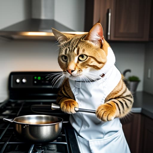  A cartoon cat pretending to be a chef. Dressed in a chef's uniform. Holding a ladle in his front paws. There is a pot of soup on the stove next to the cat., Photorealistic, Hyperrealistic, Hyperdetailed, analog style, demure, detailed skin, pores, smirk, smiling eyes, matte skin, soft lighting, subsurface scattering, realistic, heavy shadow, masterpiece, best quality, ultra realistic, 8k, golden ratio, Intricate, High Detail, film photography, soft focus hyperrealistic, full body, detailed clothing, highly detailed, cinematic lighting, stunningly beautiful, intricate, sharp focus, f/1. 8, 85mm, (centered image composition), (professionally color graded), ((bright soft diffused light)), volumetric fog, trending on instagram, trending on tumblr, HDR 4K, 8K