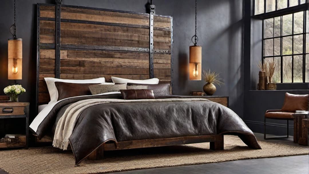  Create an image of an industrial chic bedroom showcasing the use of salvaged materials. The focal point should be a weathered **industrial bed frame** made from reclaimed wood and metal, accompanied by an **industrial headboard** constructed from salvaged barn doors. Incorporate details like exposed pipes, metal light fixtures, and a distressed wooden floor to enhance the **industrial chic** aesthetic. Include a mix of textures such as aged leather, distressed textiles, and raw metals to convey a **modern industrial** feel. hyperrealistic, full body, detailed clothing, highly detailed, cinematic lighting, stunningly beautiful, intricate, sharp focus, f/1. 8, 85mm, (centered image composition), (professionally color graded), ((bright soft diffused light)), volumetric fog, trending on instagram, trending on tumblr, HDR 4K, 8K