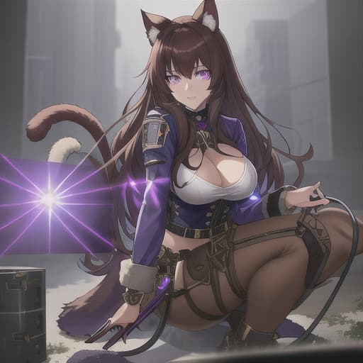  Cat girl, purple eyes, brown hair, fluffy tail, in a jean outfit, Drug Trafficker, with weapons hyperrealistic, full body, detailed clothing, highly detailed, cinematic lighting, stunningly beautiful, intricate, sharp focus, f/1. 8, 85mm, (centered image composition), (professionally color graded), ((bright soft diffused light)), volumetric fog, trending on instagram, trending on tumblr, HDR 4K, 8K