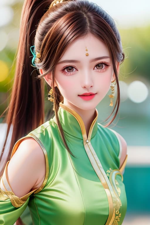  (:1.4), :1.4 , Brown hair, ponytail hair, expressive eyes, tone body, wearing yellow green eyes flat stomach tan athletic long , masterpiece, (detailed face), (detailed clothes), f/1.4, ISO 200, 1/160s, 4K, unedited, symmetrical balance, in-frame, masterpiece, perfect lighting, (beautiful face), (detailed face), (detailed clothes), 1 , (woman), 4K, ultrarealistic, unedited, symmetrical balance, in-frame