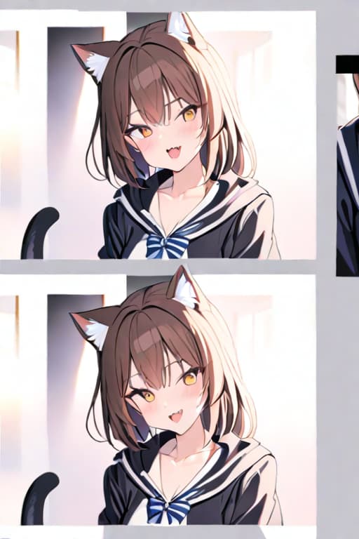  masterpiece, best quality, 1, solo, animal ears, bow, teeth, jacket, tail, open mouth, brown hair, orange background, bowtie, orange nails, simple background, cat ears, orange eyes, blue bow, animal ear fluff, cat tail, looking at viewer, upper body, shirt, uniform, hood, striped bow, striped, white shirt, black jacket, blue bowtie, fingernails, long sleeves, cat , bangs, fangs, collared shirt, striped bowtie, short hair, tongue, hoodie, sharp teeth, facial mark, claw pose hyperrealistic, full body, detailed clothing, highly detailed, cinematic lighting, stunningly beautiful, intricate, sharp focus, f/1. 8, 85mm, (centered image composition), (professionally color graded), ((bright soft diffused light)), volumetric fog, trending on instagram, trending on tumblr, HDR 4K, 8K