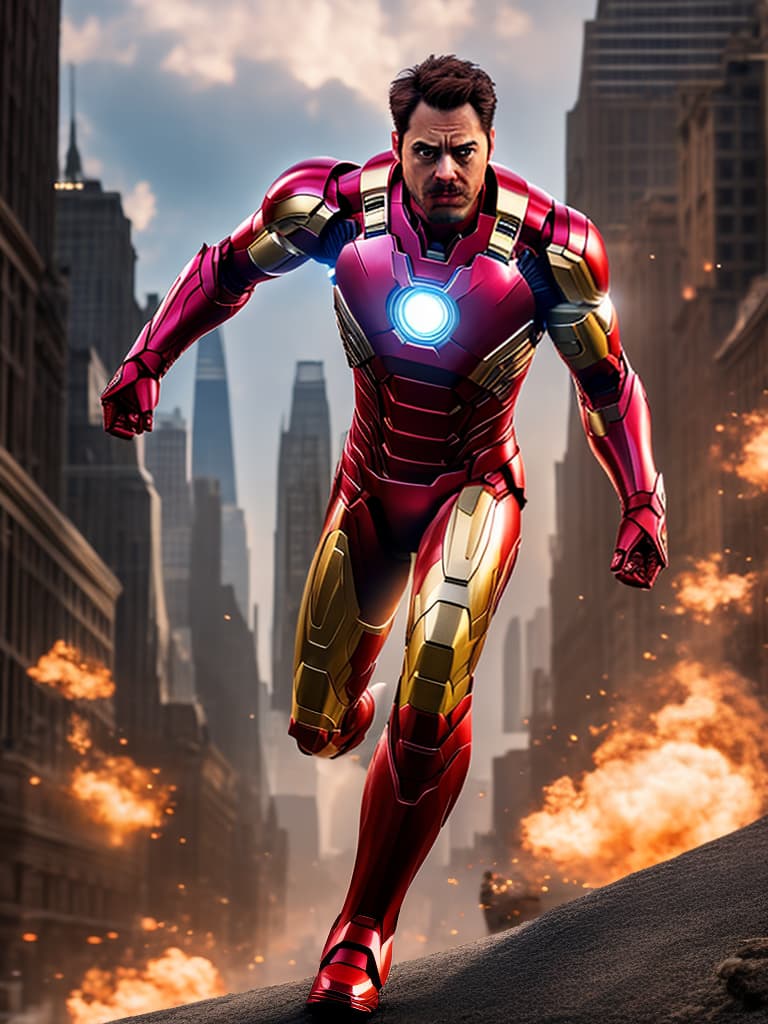  ironman tony stark in cinematic poster hyperrealistic, full body, detailed clothing, highly detailed, cinematic lighting, stunningly beautiful, intricate, sharp focus, f/1. 8, 85mm, (centered image composition), (professionally color graded), ((bright soft diffused light)), volumetric fog, trending on instagram, trending on tumblr, HDR 4K, 8K