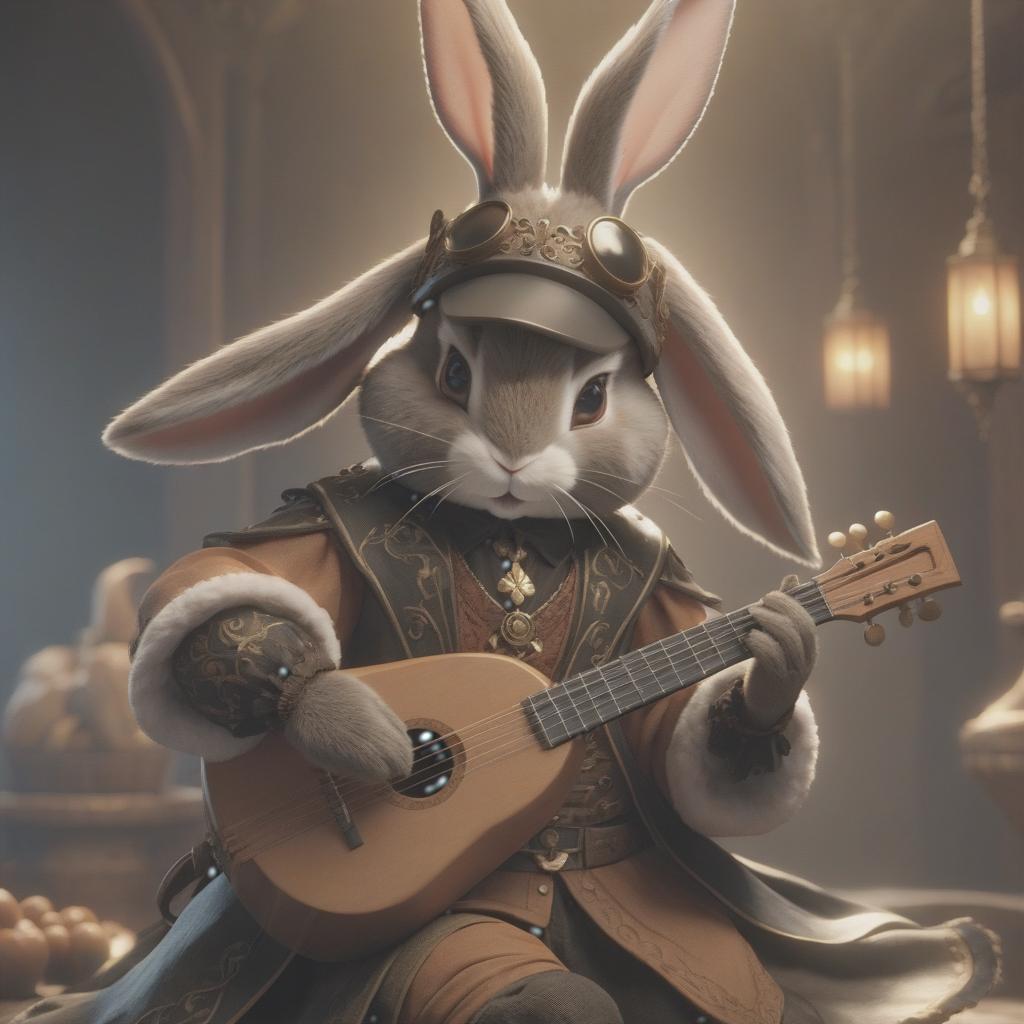  Brown black humanoid rabbit bard with a lute from fantasy hyperrealistic, full body, detailed clothing, highly detailed, cinematic lighting, stunningly beautiful, intricate, sharp focus, f/1. 8, 85mm, (centered image composition), (professionally color graded), ((bright soft diffused light)), volumetric fog, trending on instagram, trending on tumblr, HDR 4K, 8K